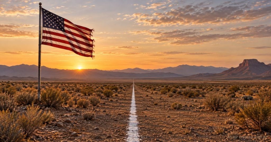 American flag on a pole beside a painted line running across open desert to the horizon