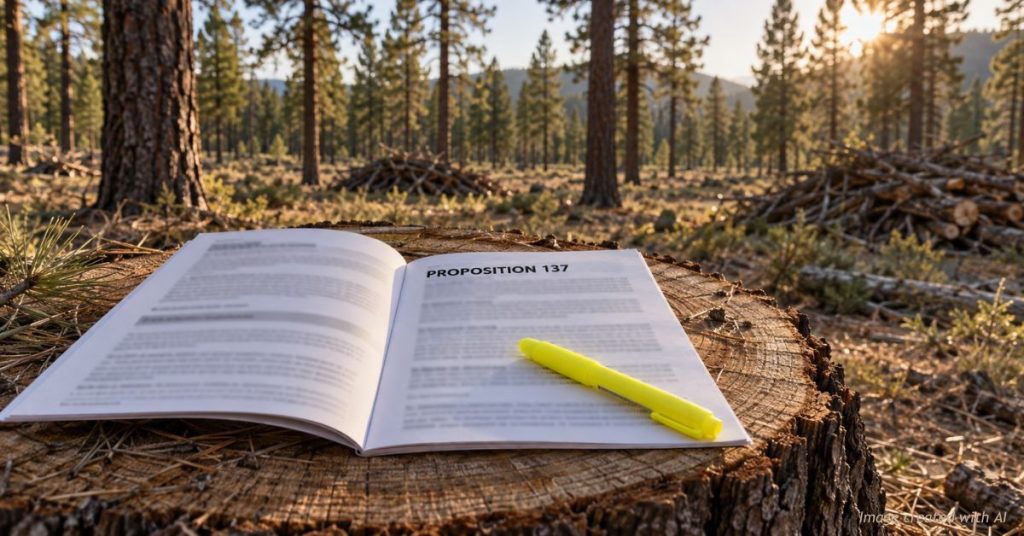 Colorado ballot booklet open to Proposition 137 on a pine stump in a thinned forest, yellow highlighter on the page