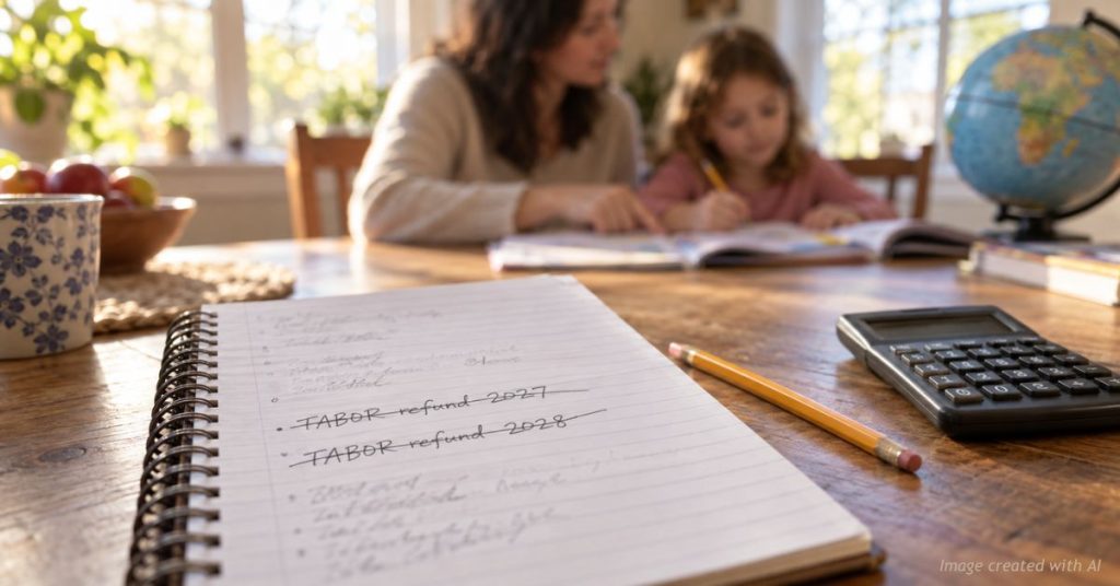 Budget notebook with TABOR refund 2027 and 2028 crossed out as a mom homeschools her daughter at a kitchen table