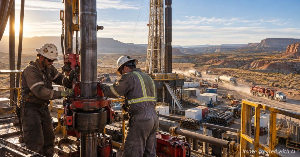 Oilfield workers operate a drilling rig as water and service trucks travel through the Western high desert.