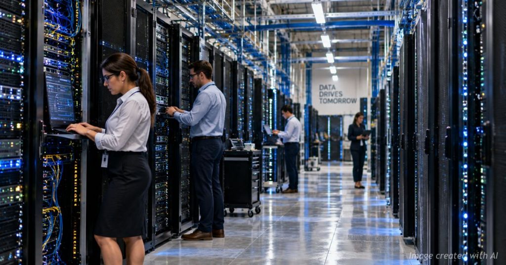 Technicians work among rows of server racks inside a large modern data center.