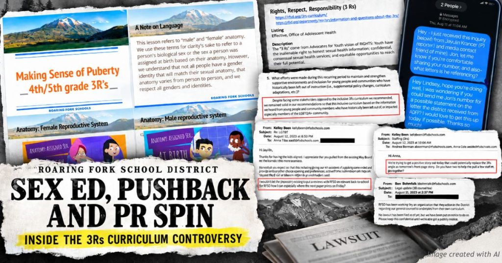 Roaring Fork School District 3Rs curriculum collage: lesson slides, district emails and a text thread over a "Lawsuit" backdrop.